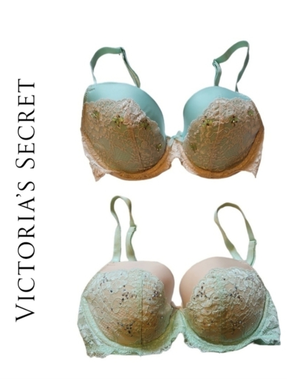 2 Victoria's Secret Dream Angels Lined Demi Bras Crystal Rhinestone Lace 32DD